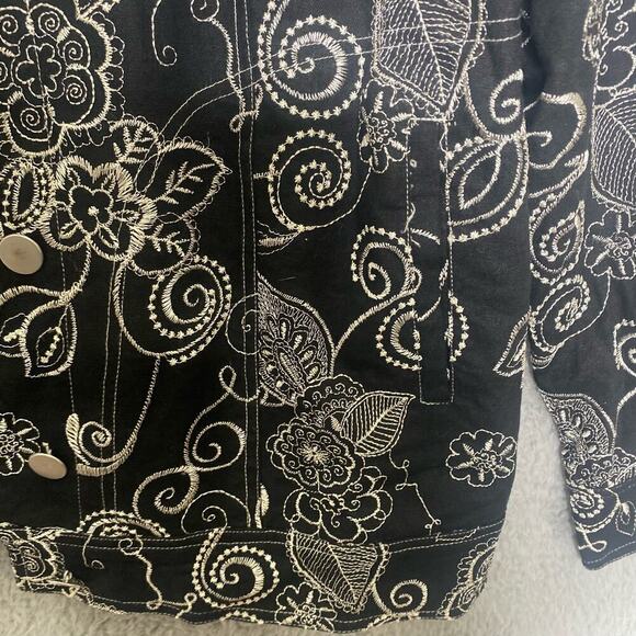 Susan Graver style embroidered linen blend blazer jacket black button FLAWED L - Picture 4 of 7